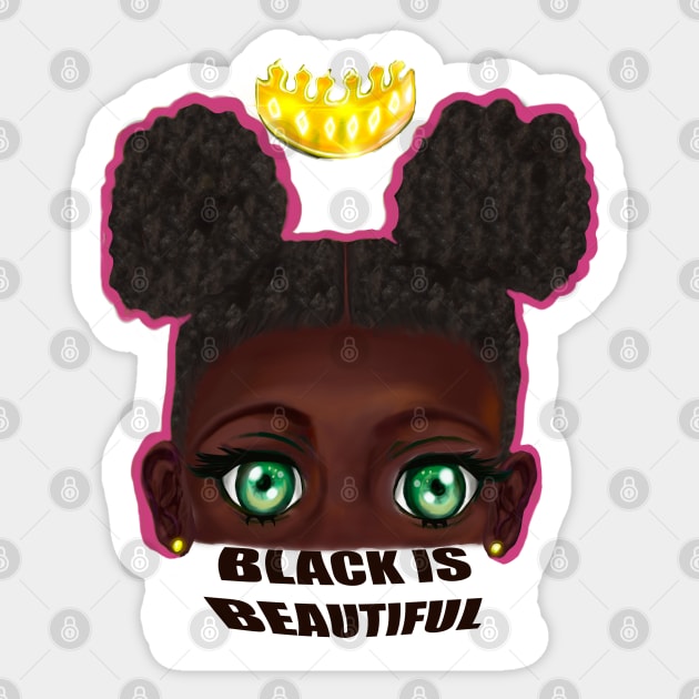 Black is beautiful black girl with Afro hair in puffs, green eyes and dark brown skin side profile. Hair love ! Sticker by Artonmytee